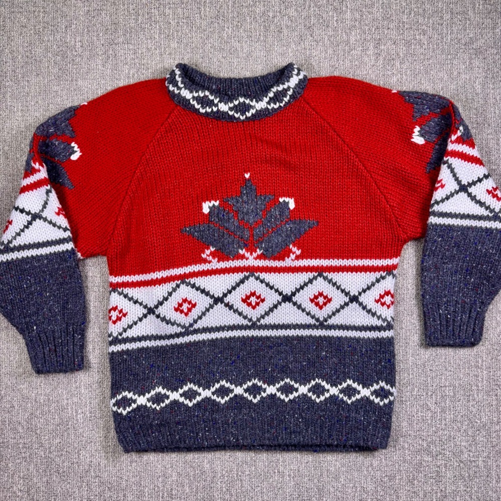Susann D Chunky‎ Wool Blend Fair Isle Knit Sweater Women's M Red Grey Blue